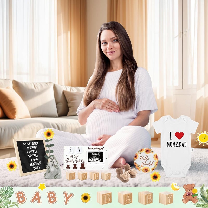 OFUSUY 11 Pcs Pregnancy Announcement Set, Baby Reveal Ideas Include Felt Letter Board Sonogram Picture Frame Baby Bodysuit Bear Booties for Pregnancy Announcement Photo Props Coming Soon Baby Announcement - Image 5
